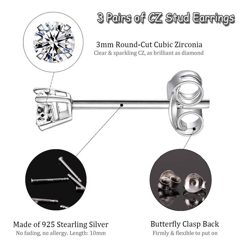EPIRORA Sterling Silver Stud Earrings for Women Men- 3 Pairs 3mm Tiny Ball Stud Earrings Round CZ Earrings Pearl Earrings Set Cartilage Small Tragus Earrings - Image 2